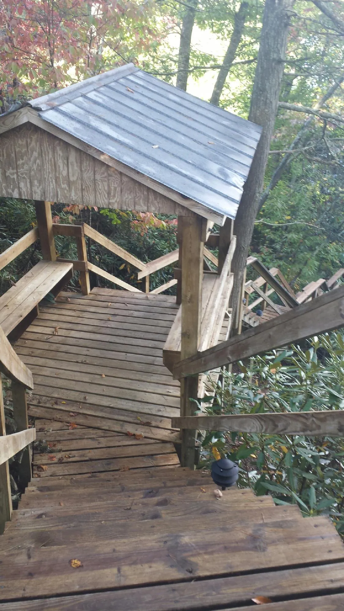 Metal roofed shelter over wooden steps on a wooded walkway — Skylight Repair & Installation work by our crew in Hartsel